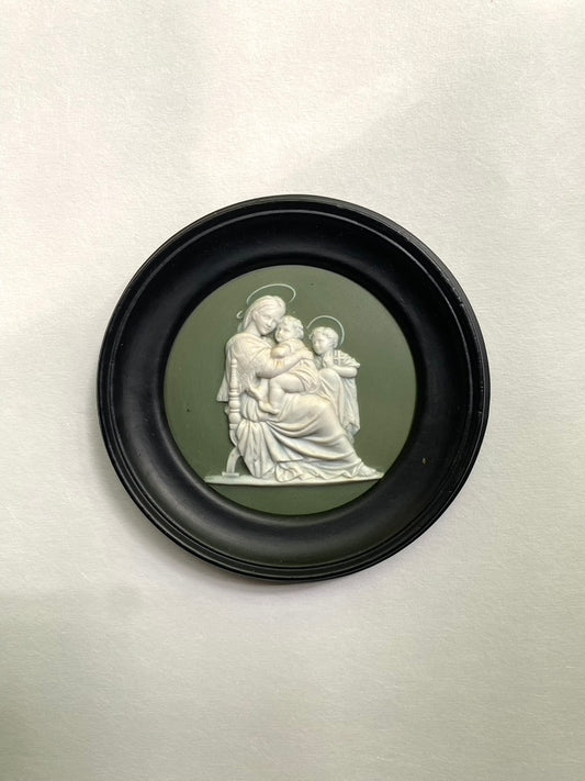 Antique Jasperware Placque of Blessed Mother, Christ Child, and St. John the Baptist